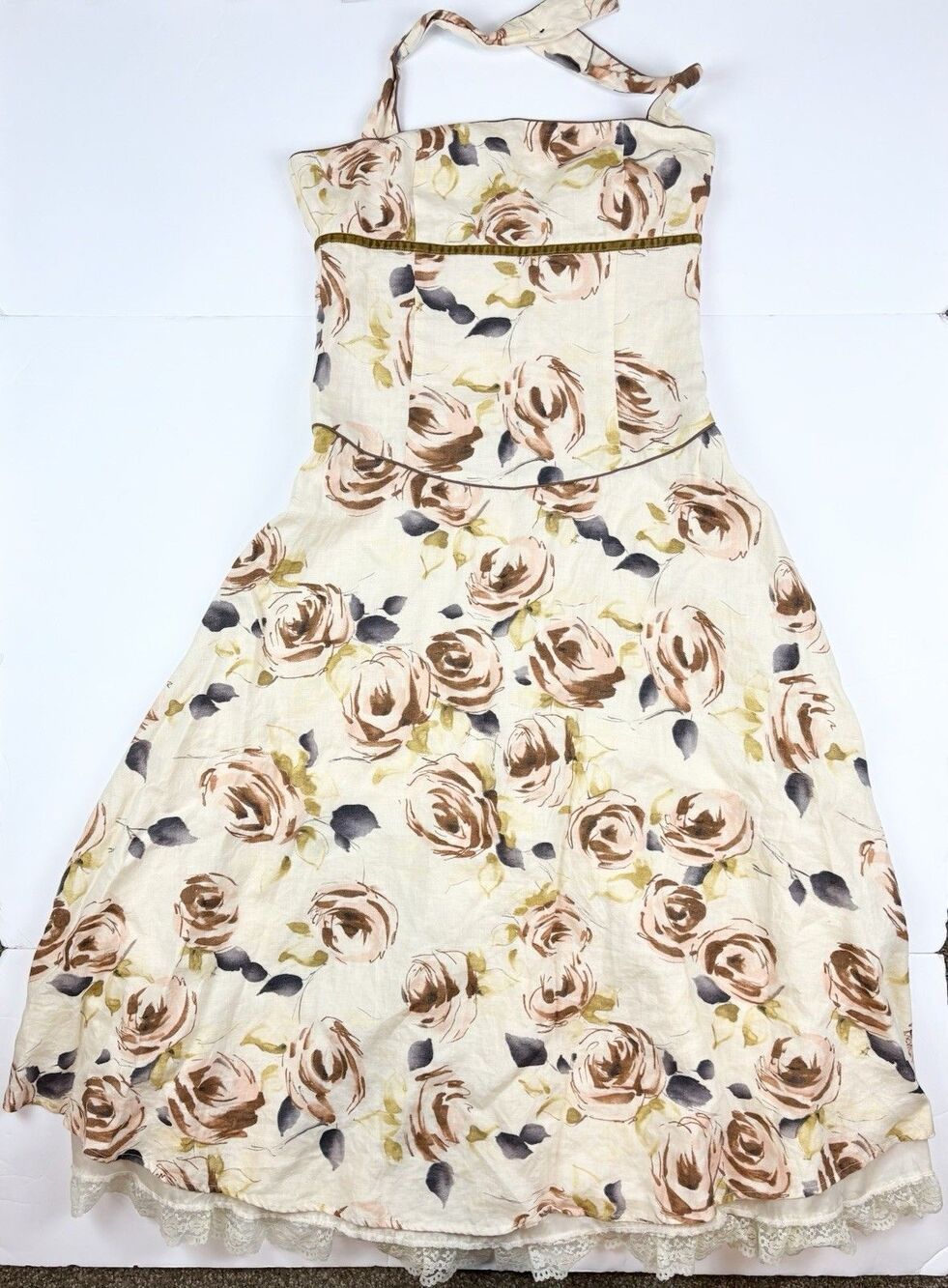 Cottagecore Linen Dress Summer A-Line Floral Natural Neutral Sz 6 Sara Isabella